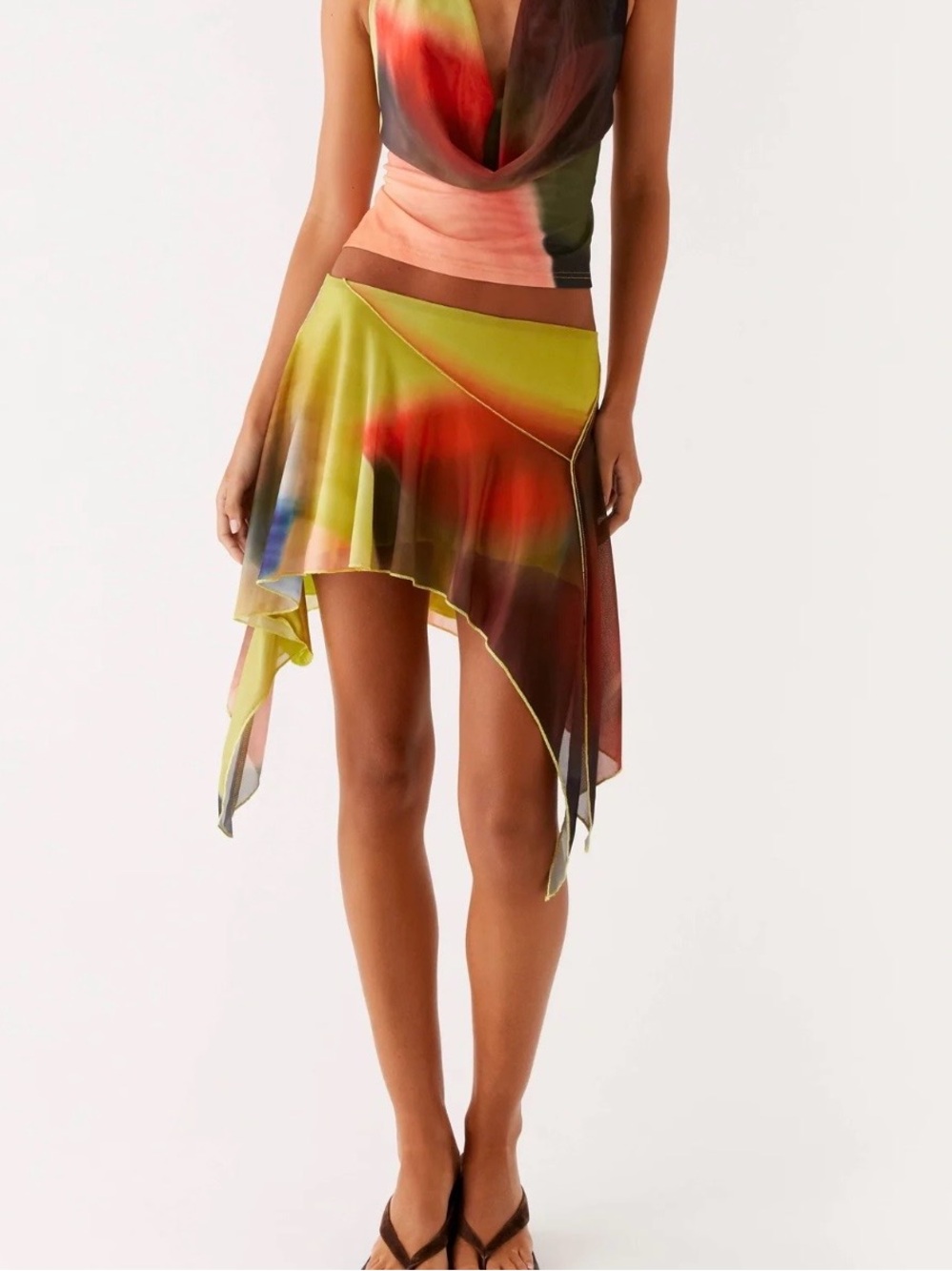 Peppermayo Yellow Red Blue Gradient Asymmetrical Handkerchief Skirt